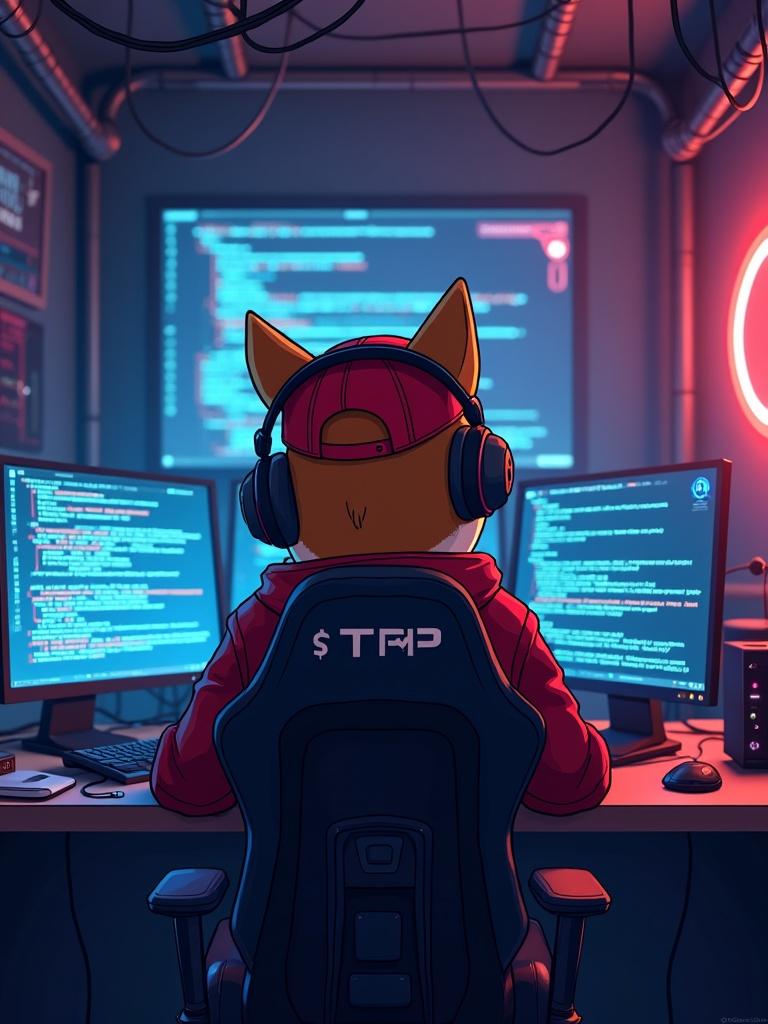 Cyberpunk scene with shiba dog hacker. Red baseball cap says $TRP. Sitting in dark room filled with glowing screens. Computer screens show code and data. Dog wears headphones with ears. High-tech gaming chair. Intense neon lighting. Wires hang from ceiling. Immersive secret hacker environment.