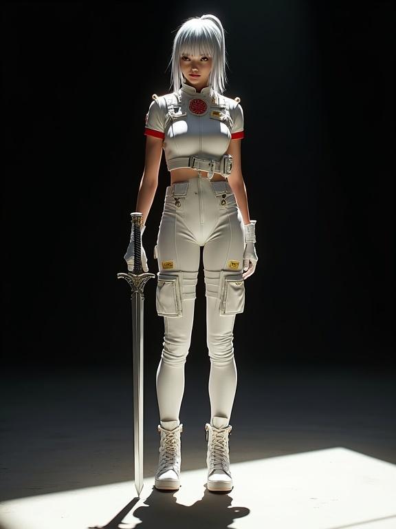Full-body shot of a female character. She wears a white jumpsuit with pockets and straps. The outfit has red and gold insignias. White gloves and high-top sneakers are included. Long silver hair is tied back. She holds a metallic sword. Bright light shines on the character. Dark background creates contrast.
