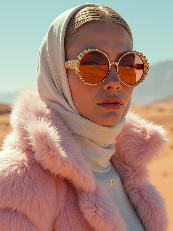 Fashion photograph featuring a model in a furry pink coat and sunglasses. The background exhibits a desert landscape resembling Mars. The overall aesthetic includes pastel colors and elements of futuristic design.
