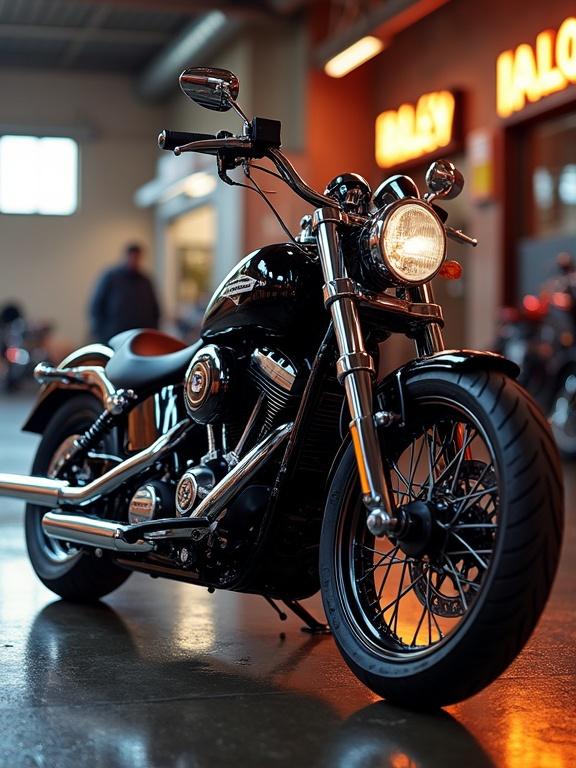 Image depicts a shiny Harley Davidson motorcycle in side view. The motorcycle showcases sleek design with chrome accents. Interior backdrop suggests a motorcycle showroom.