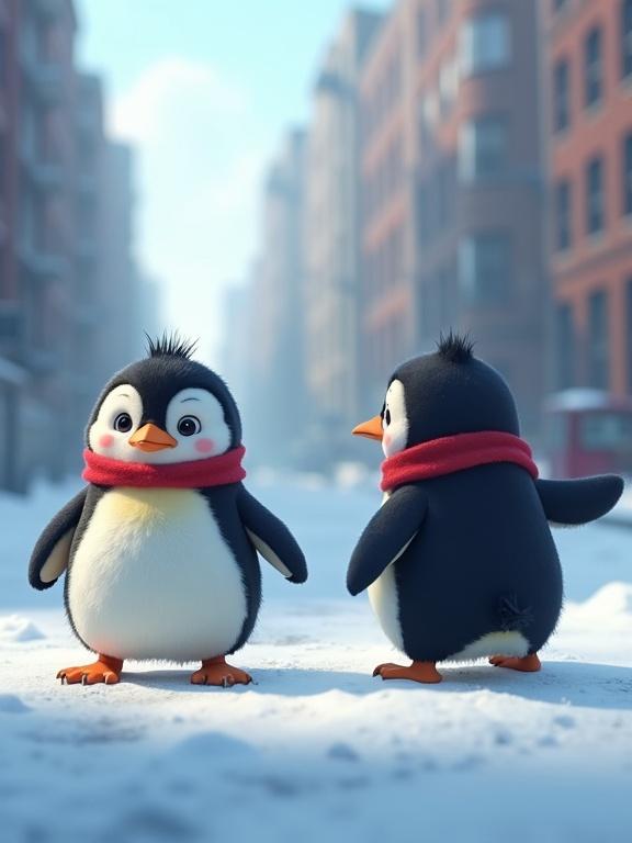 A chubby and adorable penguin named Blizzard wearing a red scarf shown in two poses. One pose facing forward with sparkling eyes and a playful smile. The second pose facing backward showing his round back. Background is a soft-toned New York street with pastel hues.