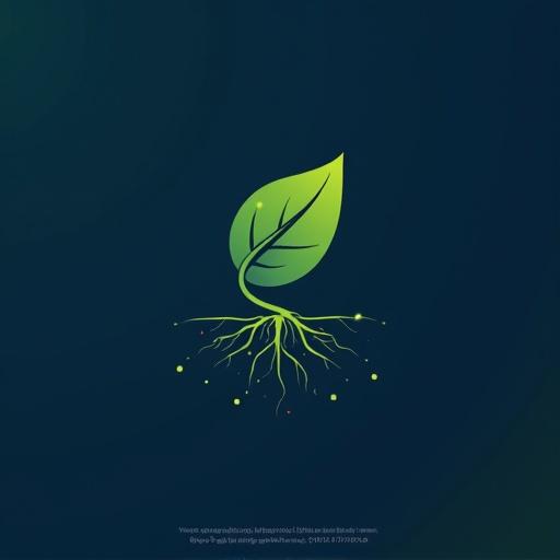 Logo design for eMycorrhizal. Leaf icon with letter e cut out. Text Mycorrhizal to the right. Color scheme includes green, navy, cobalt, yellow, orange, purple, teal. Root systems extending from letters. Tiny glowing dots symbolizing electrons. No gradients, minimalist style.
