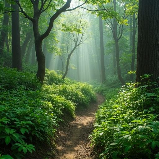 A serene forest scene with a winding path. The scene is filled with lush green foliage and tall trees. Sunlight streams through the canopy creating a misty atmosphere. The environment is tranquil and inviting.