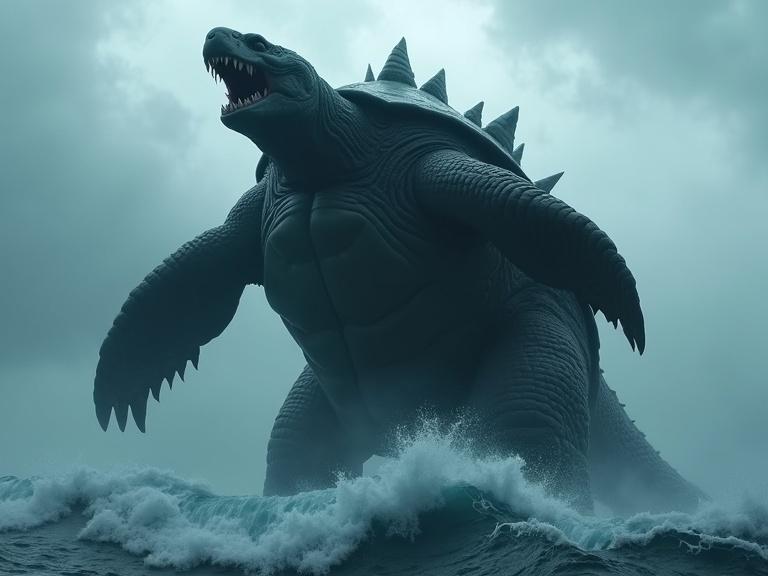A giant tortuous kaiju rising from the ocean with a thick textured shell. The scene is dark and cinematic with large waves and a stormy atmosphere. Mist and foam surround the creature. The kaiju has tusks and a short neck, set against a cloudy sky with detailed shadows and reflections.