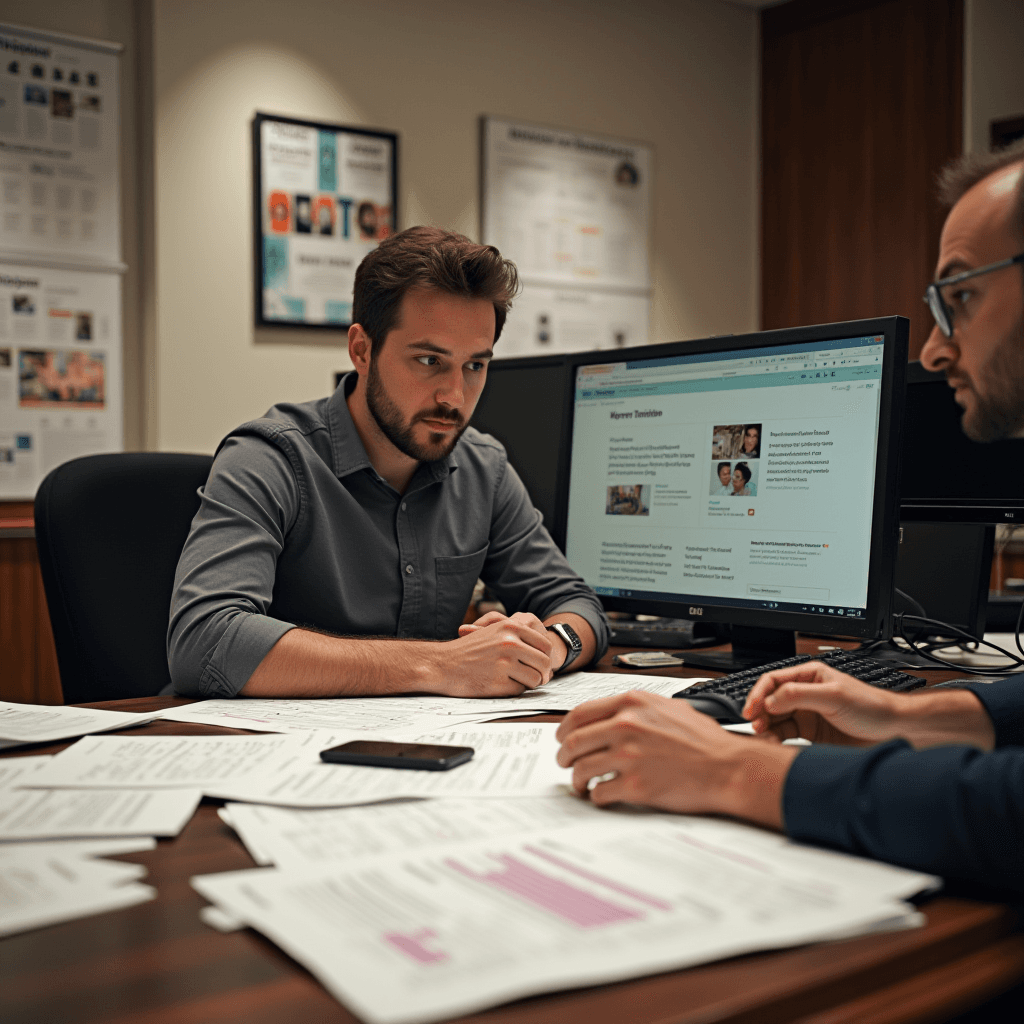 Two men working together in a modern office, surrounded by paperwork and a computer.