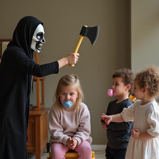 A playful scene with a mother and her kids. A young girl lies her head on a stool while her mother holds a toy axe. The girl has a big pacifier. Two siblings stand by waiting for their turn, also with pacifiers. The mother wears a mask. The atmosphere is fun and lighthearted.