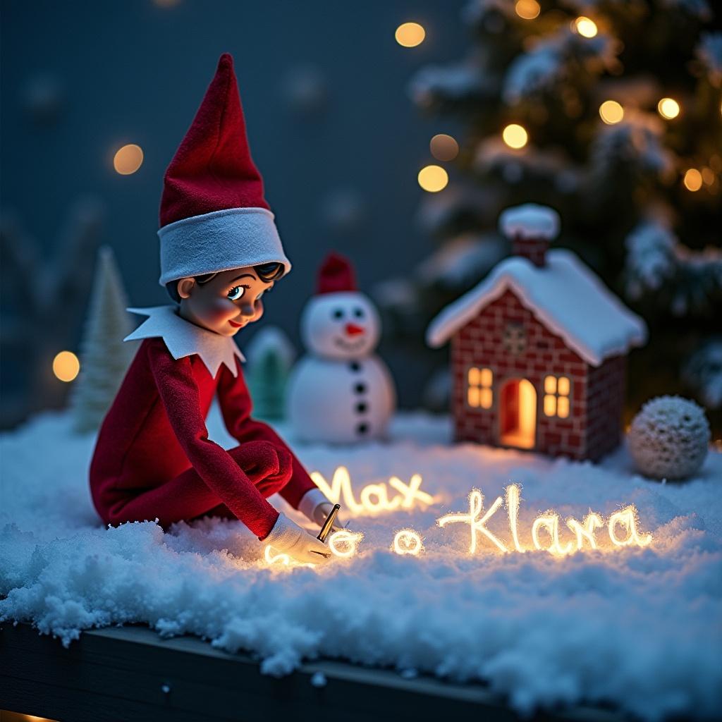 Elf on the shelf writes names in the snow using magical lights. Scene has festive decorations and a snowy background.