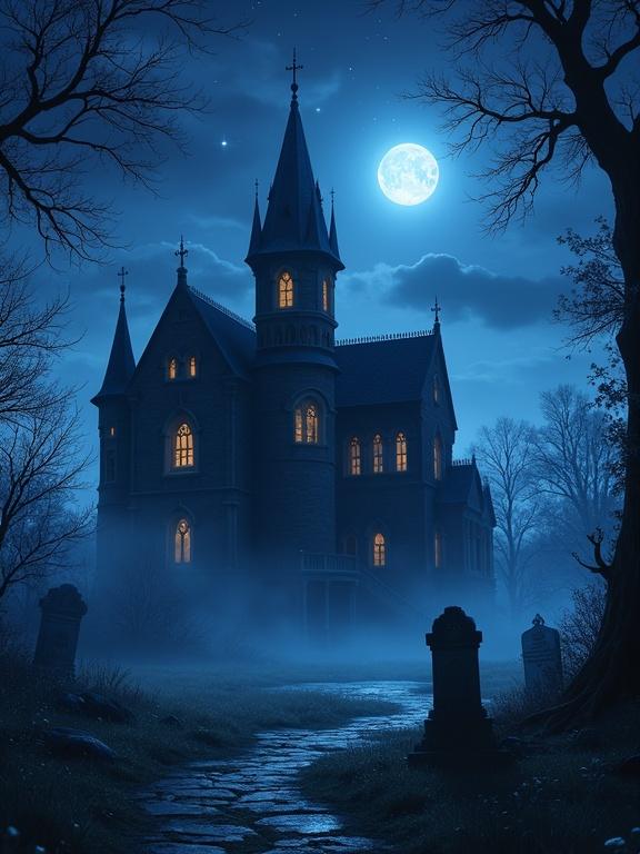 Gothic manor illustrated in anime style. Intricate architecture with pointed towers and arched windows. Surrounded by fog at night. Full moon shining bright in the starry sky. Grave in the foreground adds to the eerie scene.