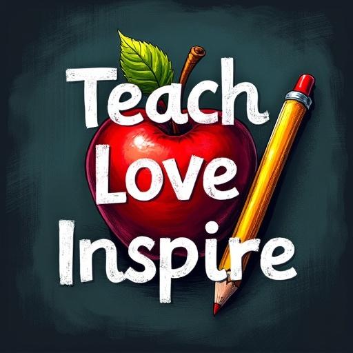 Design for teachers on t-shirt. Chalkboard background. Red apple with yellow pencil. Text says 'Teach, Love, Inspire'. Clean white font. Transparent background. High-contrast. Ultra-realistic art style.