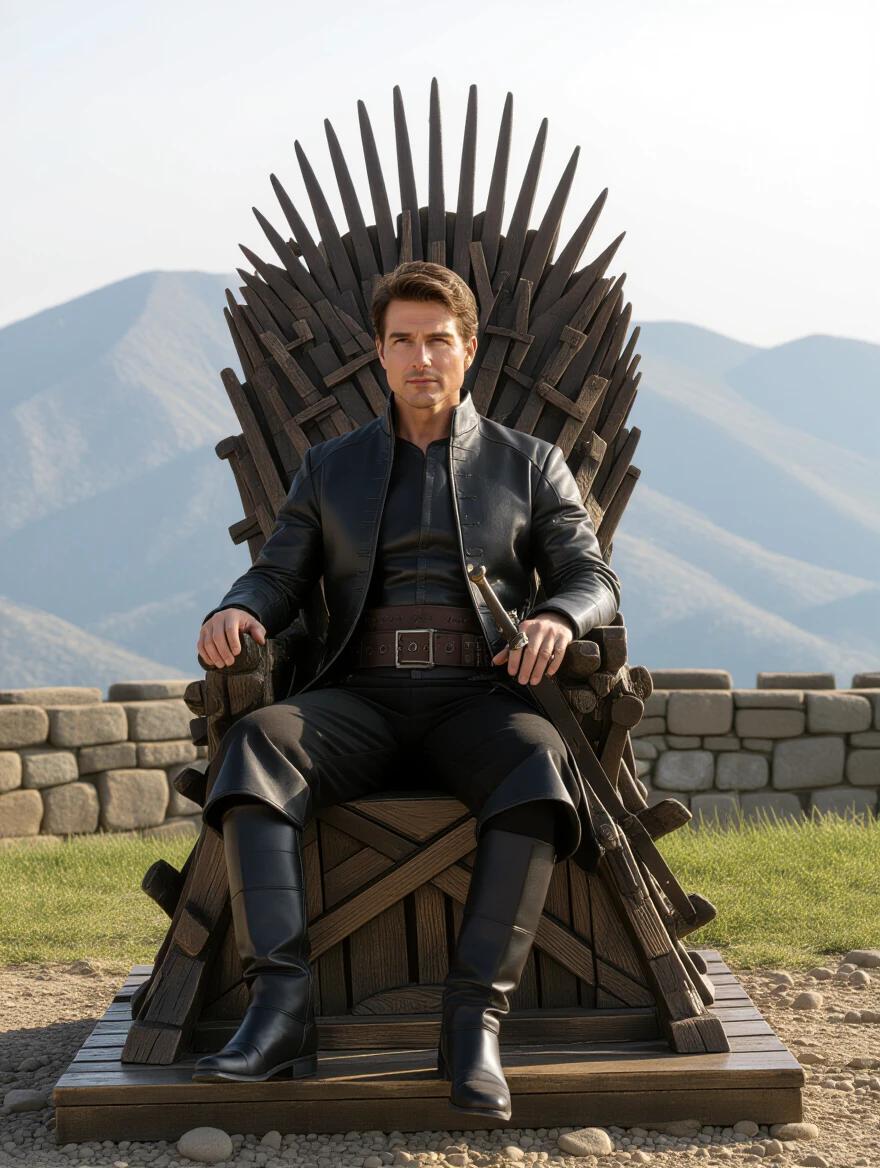 Tom Cruise with medium to long hair seated on a large king's throne. Ruins are in the background with mountains visible. The scene is extremely realistic. 