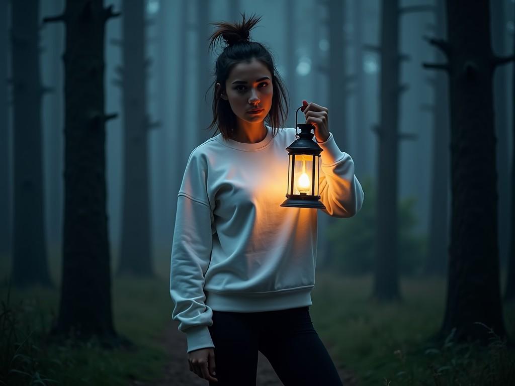 A person stands in a misty forest holding a lantern that casts a warm glow, illuminating their face against the cool, dark surroundings. The trees form a shadowy backdrop, enhancing the eerie and mysterious atmosphere of the scene. The contrast between the warm lantern light and the dim forest creates a captivating visual balance.