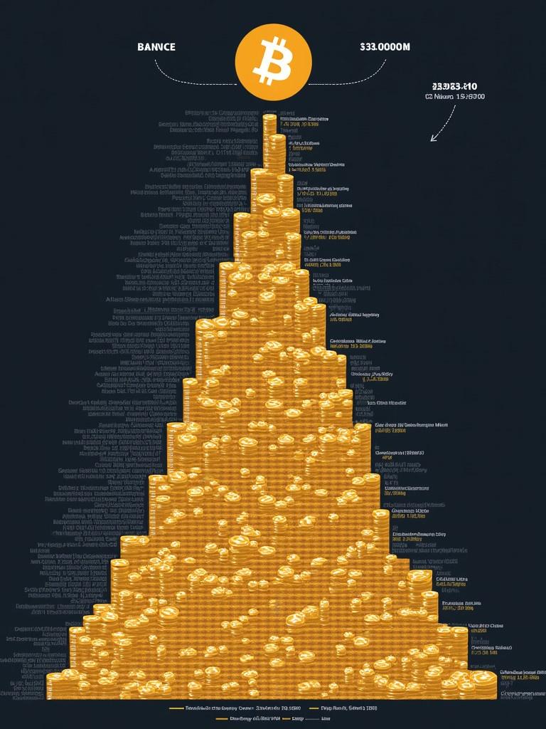 Information represented in a pyramid structure. Illustrates Bitcoin distribution among addresses. Each layer of the pyramid indicates different Bitcoin balance ranges. The highest layers have the largest amounts of Bitcoin represented. Use gold for Bitcoin and dark blue for the background.