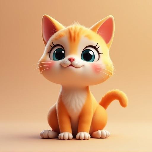 A cute 3D illustration of a cat. Orange fur with white markings. Large expressive eyes. Sitting pose with a happy expression. Suitable for children's themes.