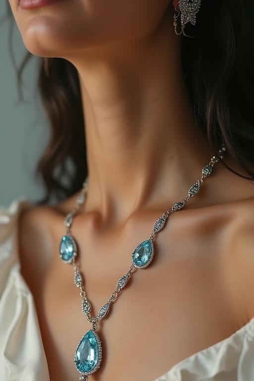 Beautiful model wearing an aquamarine necklace. Focus on the necklace. Soft lighting highlights the jewelry and the model's neckline.