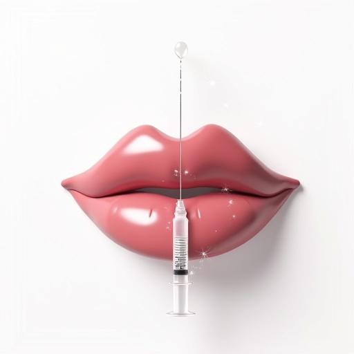 A 3D render of glossy plump lips next to a cosmetic syringe. The syringe has a droplet at its tip. The lips are shiny with sparkle effects. Optional before and after comparison with thinner and fuller lips. Modern and clean design.