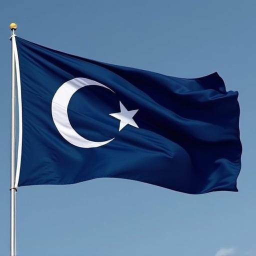 Dark blue flag displayed prominently. Dominant features are a white crescent and a star. The flag is waving against a clear sky backdrop.