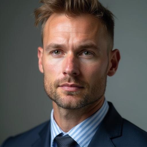 Portrait of a serious businessman. Man in formal attire with a blue suit. Hair styled. Neutral background. Strong jawline and confident demeanor.