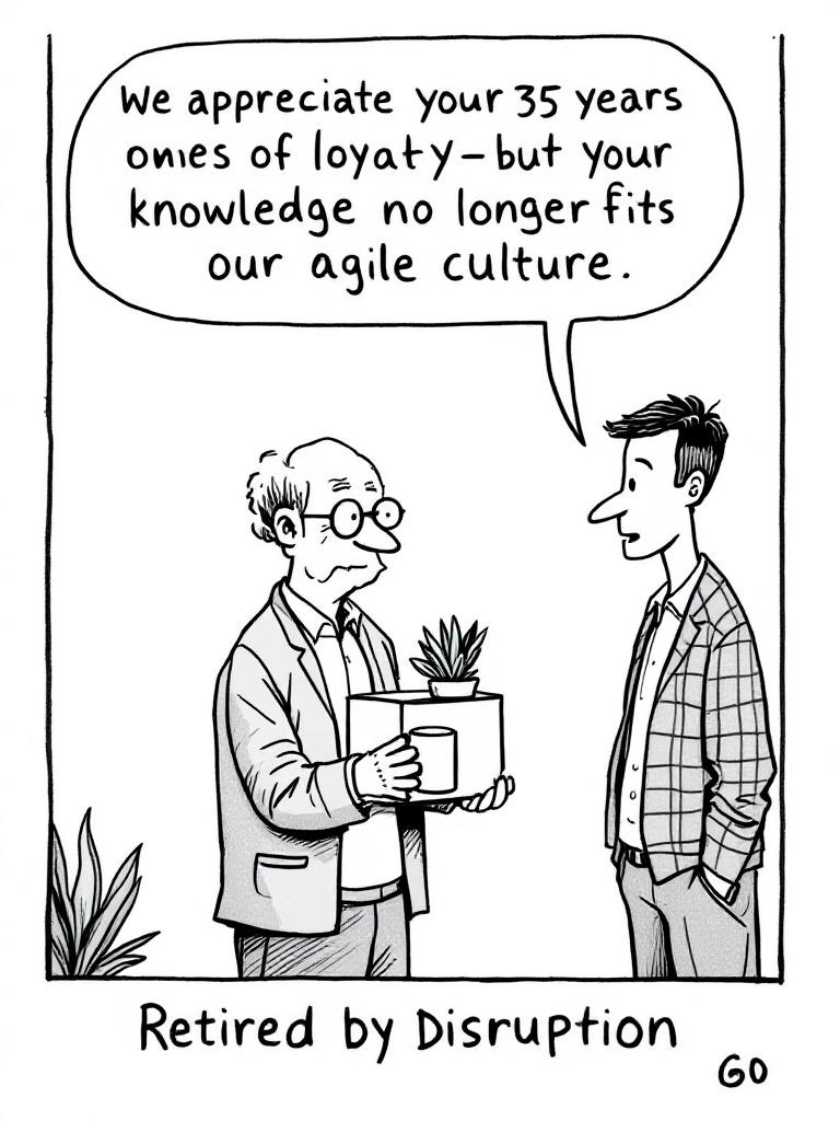 Single-panel comic shows an older man on last workday holding a box and mug. Younger boss says about loyalty but knowledge not fitting agile culture. Caption is Retired by Disruption. Drawn in classic newspaper strip style.