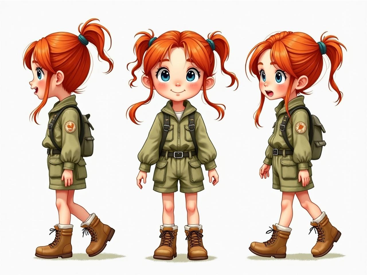 This illustration features a cartoon girl with vibrant red hair, styled in playful pigtails, wearing a khaki outdoor adventure outfit. She's depicted from three angles: side, front, and three-quarter view, showcasing her detailed expression and attire. Her large, expressive eyes convey curiosity and excitement, complemented by sturdy brown boots, making her ready for an adventure.