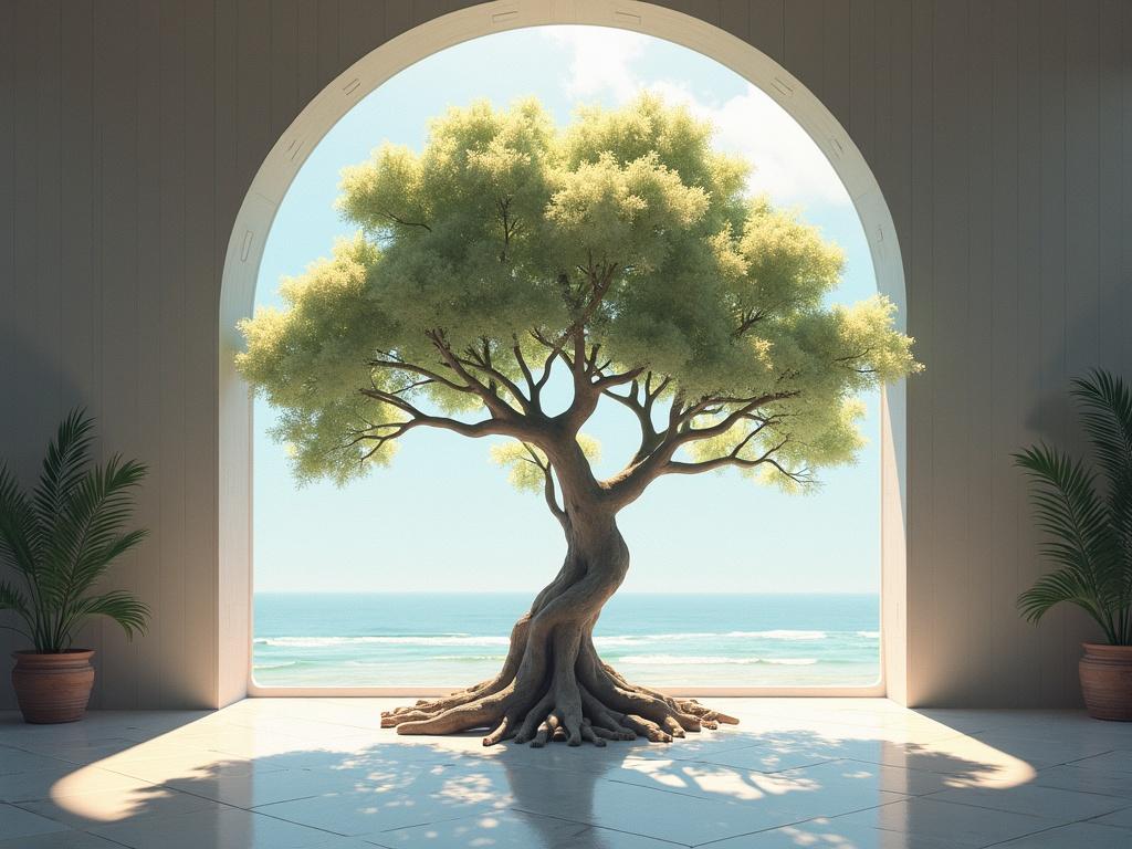 Dibujo de un árbol con tronco de cristal en un salón de fantasía. Grandes ventanales muestran la vista del mar. El árbol tiene raíces expuestas y hojas verdes.