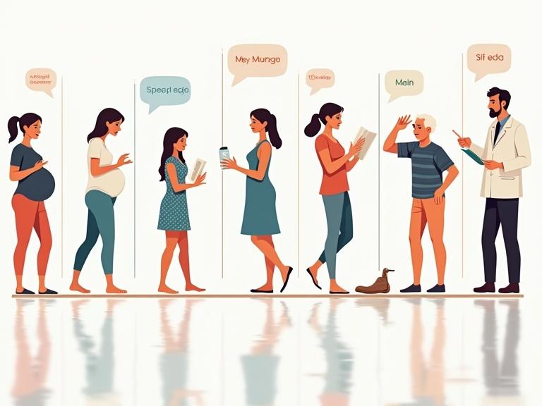 Visual journey through different life stages showing pelvic health evolution includes scenes of pregnant woman doing pelvic exercises, new mother in rehab with therapist, middle-aged woman using hormone therapy, older adults performing Kegel exercises with doctor. Symbols like anatomical diagrams, aging timeline, healthy habits icons. Tone educational, empowering, inclusive.