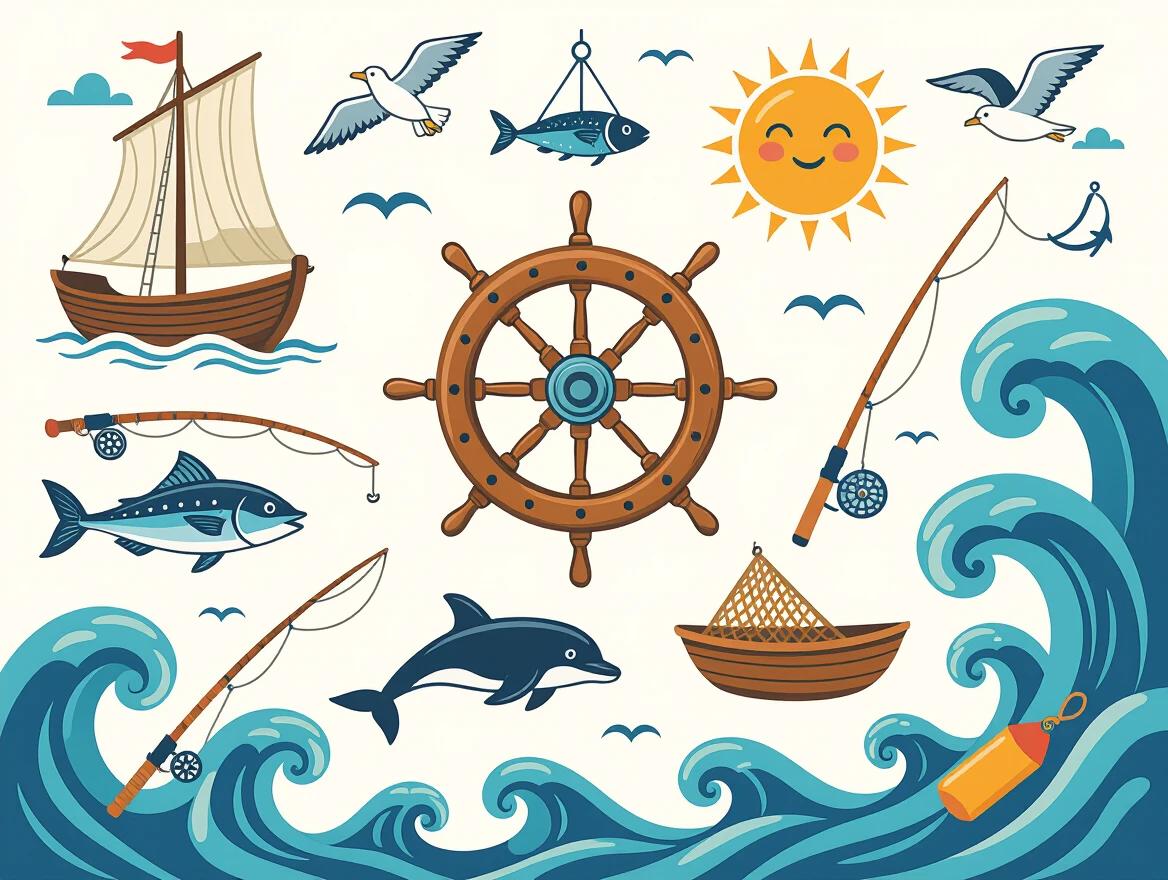 Vector image of a boat with sail steering wheel fish fishing rod seagull sun wave dolphin harpoon hook float landing net oars on white background 1880s style