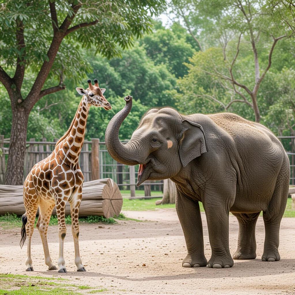 Zoo scene featuring a young giraffe and an elephant interacting. Lush green foliage and clean enclosures are visible. The animals exhibit friendly behavior. The environment is natural and engaging.