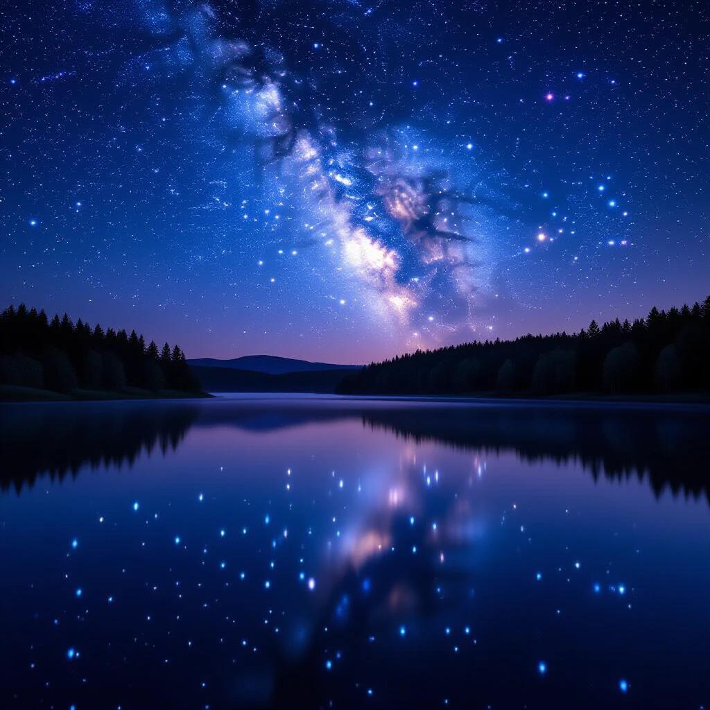 Starry sky reflected in the waters of a serene pond. Hyper-realistic scene captures the beauty of the night sky in cinematic detail. Image resolution at 8K quality.