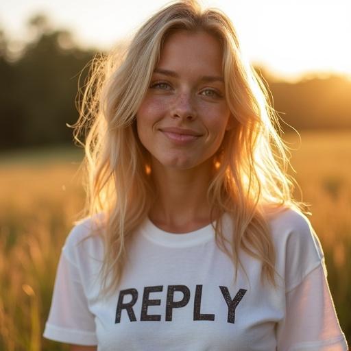 Young blonde woman with natural freckles and fair skin. Bright blue eyes and soft wavy golden hair. Casual white T-shirt with the word 'REPLY'. Outdoor setting during golden hour. Warm natural lighting with blurred background of nature. Subtle smile exuding charm and confidence. Ultra-realistic photography style.