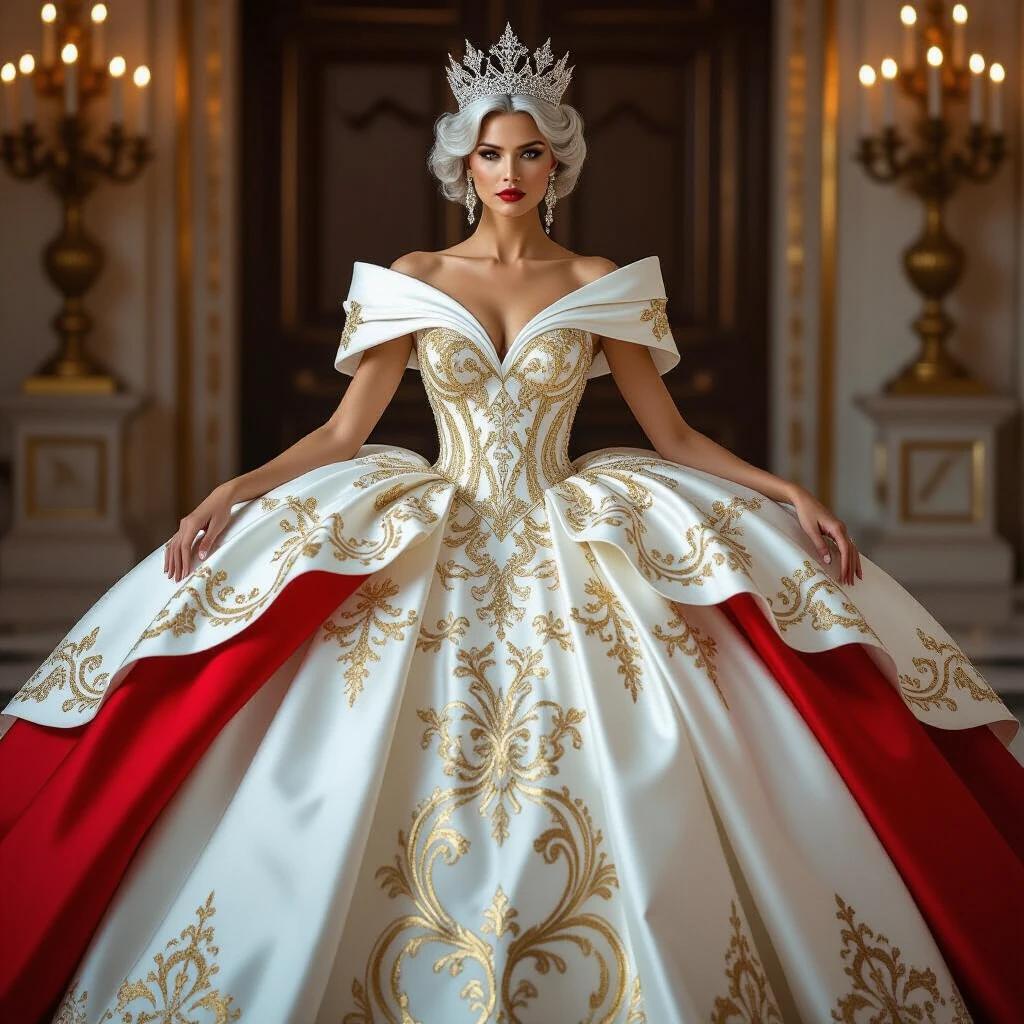 Elegantly poised a figure adorns a lavish gown. The gown is a blend of white with intricate gold detailing and vivid red accents. The gown’s voluminous structure cascades around her. An exquisite crown adds a regal touch. Silver hair frames the facial features. The scene conveys a rich baroque aesthetic with soft lighting. A hauntingly beautiful atmosphere is created.