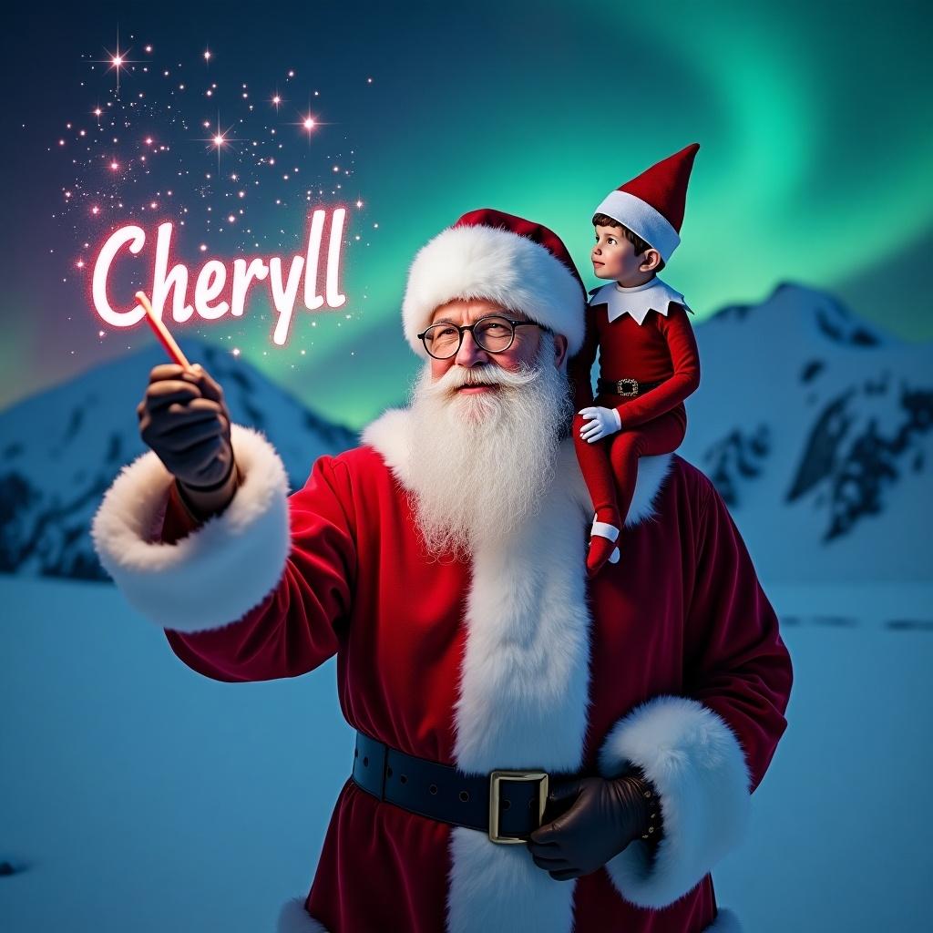 Santa with a white beard and glasses in snowy mountains. Elf on the shelf on Santa's shoulder. Santa writes 'Cheryll' glowing with a wand. Northern lights in red, cerulean, and purple.