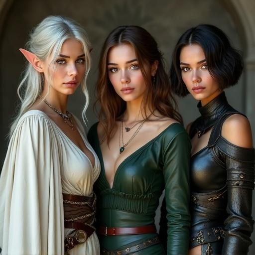 Three young beautiful women stand together. Lithe silver-haired mage elf wears white robes and necklace. Brown-haired voluptuous human woman wears skin-tight green leather rogue armor. Very tall athletic woman with dark hair wears tight revealing black leather armor. They look stunning and at viewer.