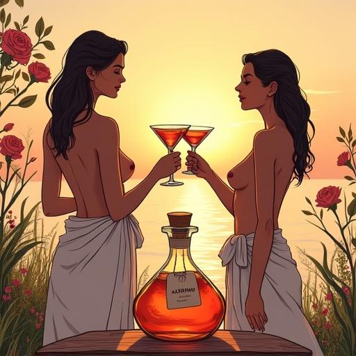 Minimalist art of two topless goddess silhouettes celebrating at sunset. They hold cocktail glasses and wear flowing sarongs. An apothecary bottle labeled 'ALFRUNO' is on a rustic wood table. Surrounding elements include roses and herbs against a garden background.