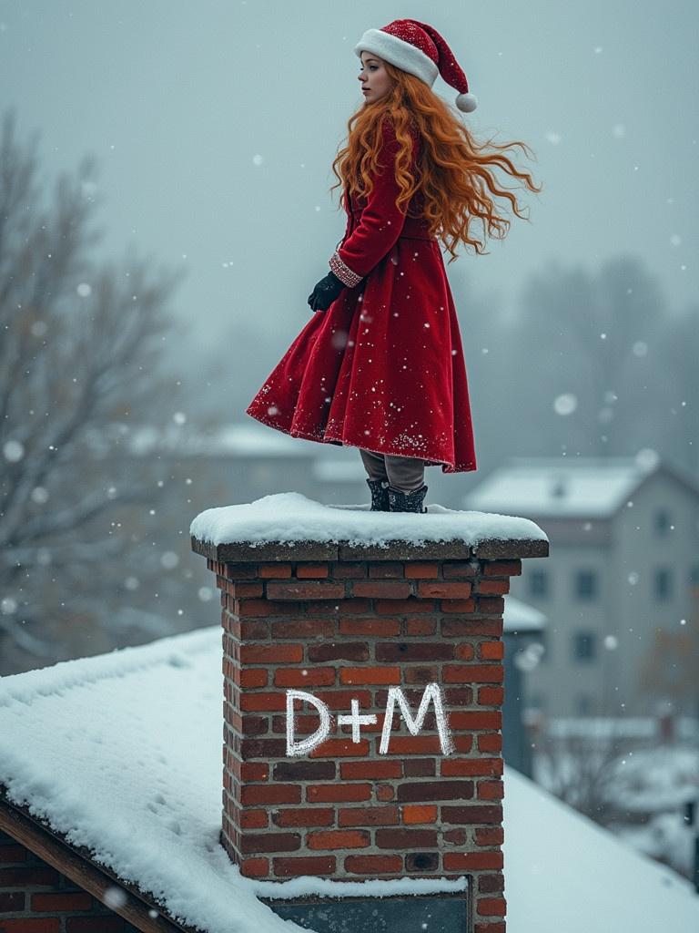 A girl with long red hair stands on a snowy rooftop wearing a Santa outfit. She has a red dress and black gloves. The rooftop has a chimney with D+M written in chalk surrounded by snow.