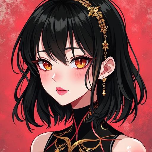 Anime portrait of a character named Zenobia. Features soft facial expressions and vibrant colors. Black hair with gold accessories. Background in shades of red.