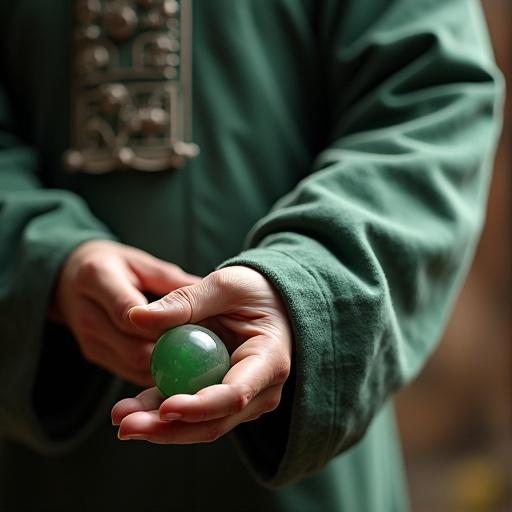 Image shows an ancient Chinese man in traditional clothing holding a jade ball. The man is placing the jade ball into his right sleeve. Emphasis on the action and detail of the jade. The setting reflects an Asian cultural backdrop.