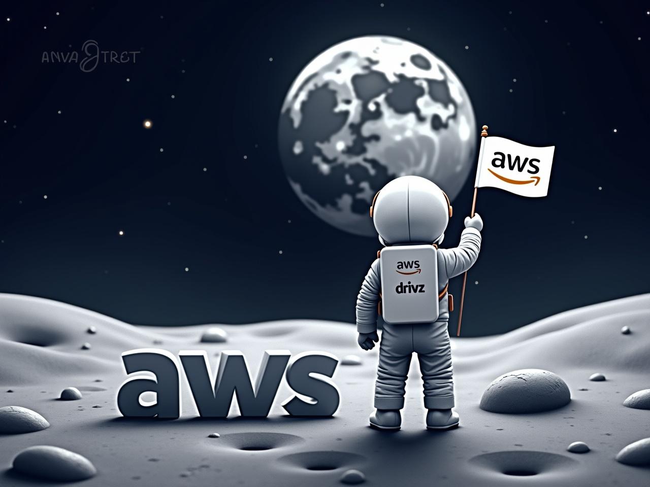 The image shows an astronaut standing on the moon's surface, facing a large moon in the background. The astronaut is holding a flag that features the logo 'aws' and another logo 'drivz' on their suit. The moon's surface is gray and rocky, with craters visible. The sky is filled with stars, creating a deep space atmosphere. In the foreground, the letters 'aws' are prominently displayed on the moon's surface. The overall scene conveys a sense of exploration and innovation in a celestial setting.