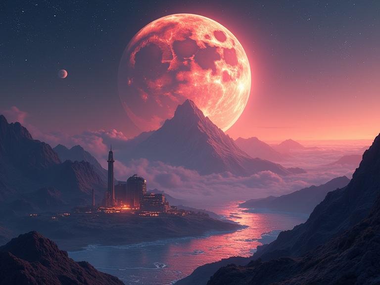 Futuristic galactic city on a planet with two moons in a mountainous horizon. A large moon with colorful rings illuminates the scene.