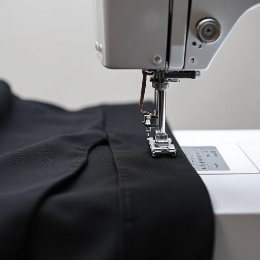 Minimalistic image of modern sewing machine close to black suit fabric. White or gray soft background. High-end clean look. Sharp focus on sewing area.