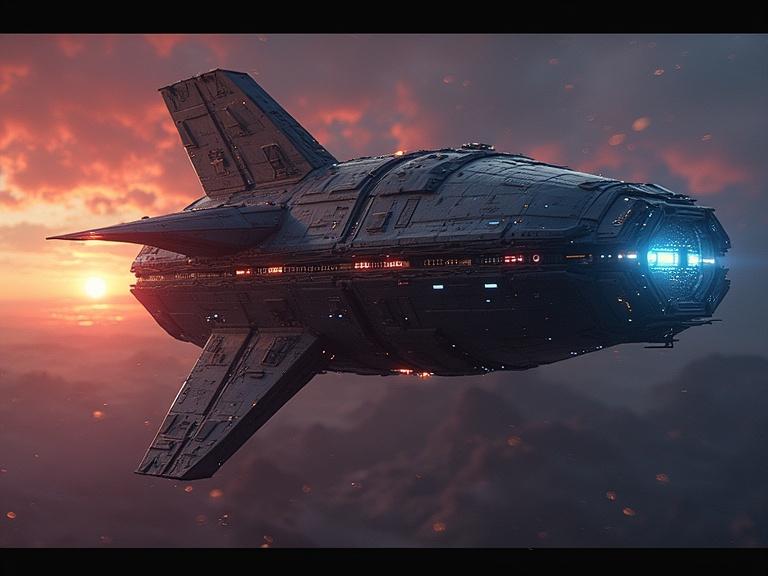 Create a unique and futuristic alien spaceship floating in a dramatic sky filled with orange clouds and a setting sun.