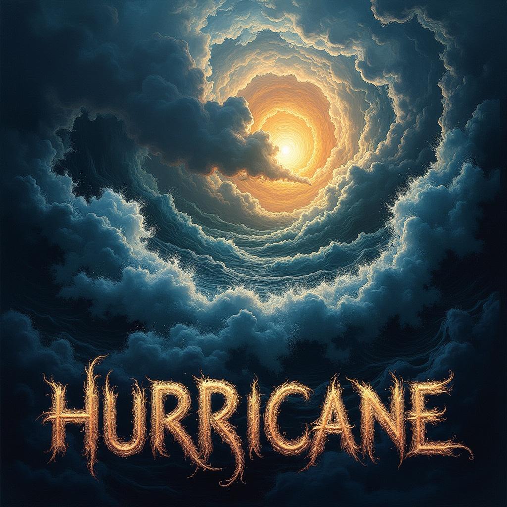 Captivating complex artwork with clouds and a bright light at the center. Shiny text displaying the word Hurricane.
