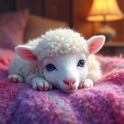 A high-resolution vertical watercolor-style image with translucent washes. Deep ultraviolet tones are evident. A sleeping lamb with fluffy white wool and blue eyes is present on a cozy bed. The room has warm wooden walls. The reflection of a vintage bedside lamp adds a soft yellow glow. A colorful wool blanket covers the bed. The atmosphere feels cozy and comforting.