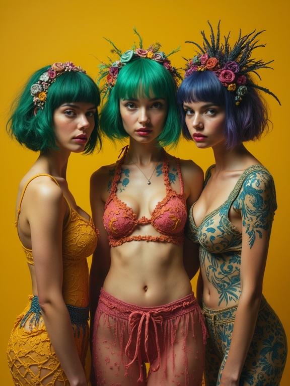 Surreal portrait featuring three women with tanned curves in eccentric, see-through attire. Their hair is vibrantly colored in green and magenta with floral accents. The background is a bold yellow ocher, enhancing their vividness.