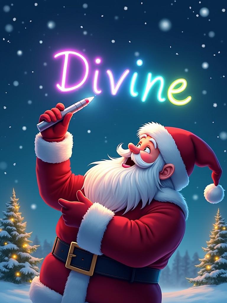 Santa Claus joyfully writing the name 'Divine' in the night sky. Colorful glow pen in hand. Sparkling snowflakes are falling down. Twinkling Christmas trees in the background. Traditional red suit with white beard. Magical touch to the winter night.