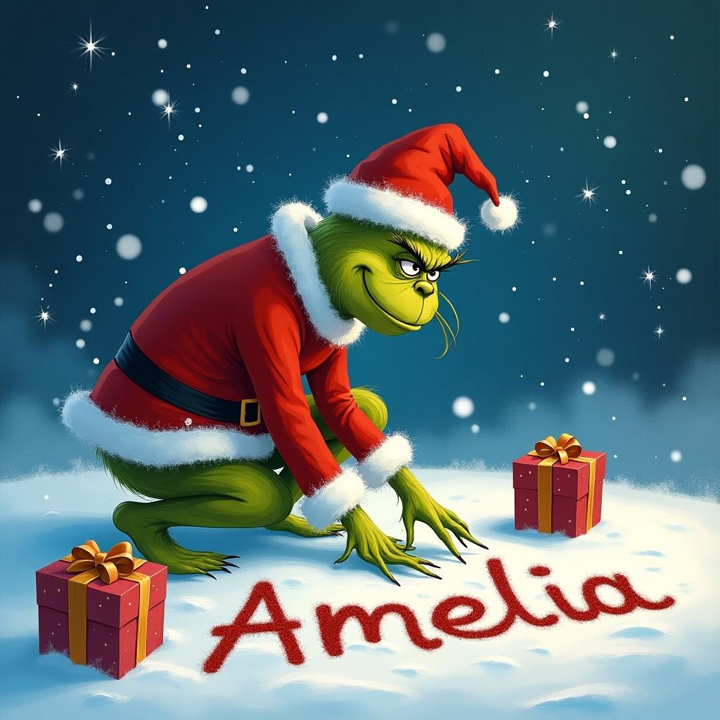 Grinch wears Santa suit and hat writing name Amelia in snow. Sparkly sky and presents around feet.