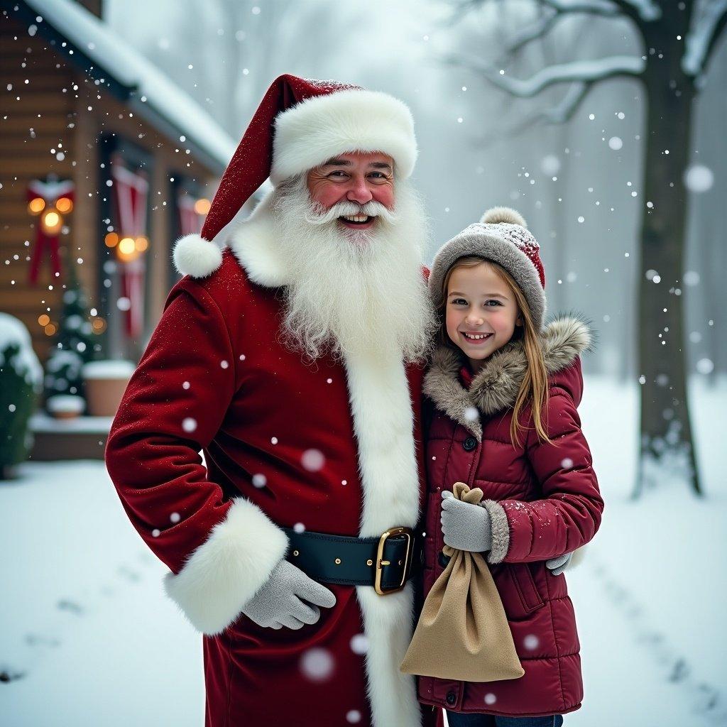 Santa Claus in a snowy scene. A joyful child stands beside Santa. The child holds a small bag. Snowflakes fall surrounding them. A cozy house with Christmas decorations is visible in the background.