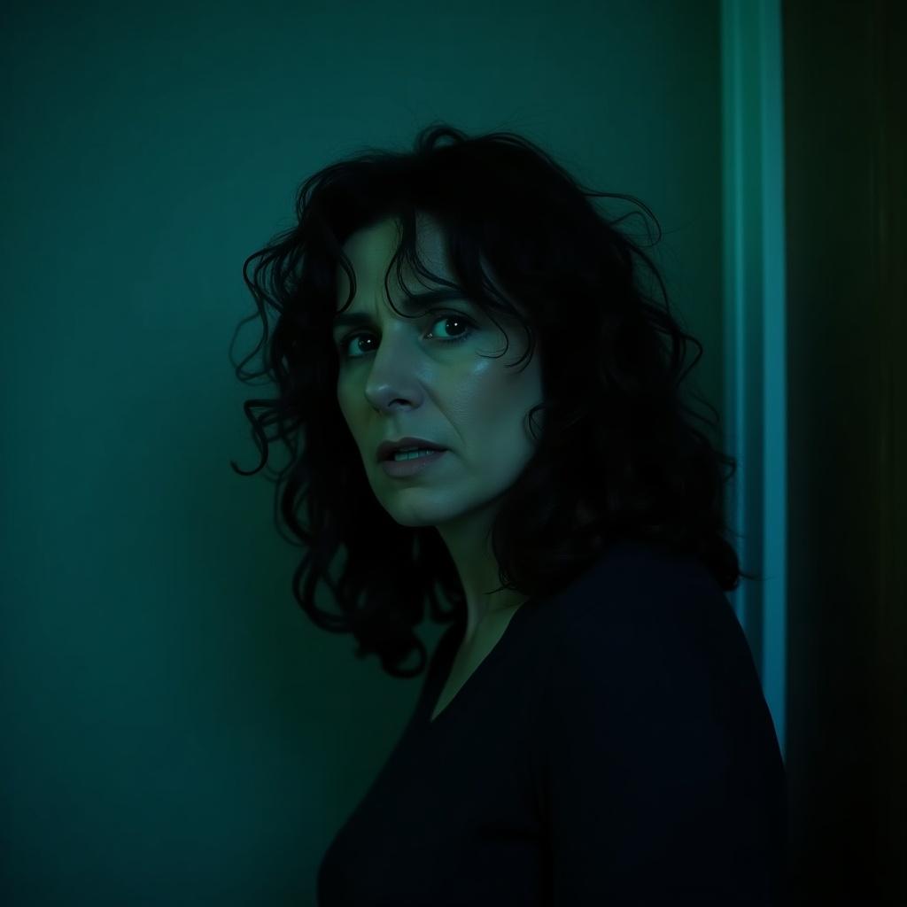 A woman in her forties, with dark curly hair, looks over her shoulder with concern. Low lighting with a teal tint creates suspense. Shadows behind her add to the tense mood, evoking a sense of danger or urgency.