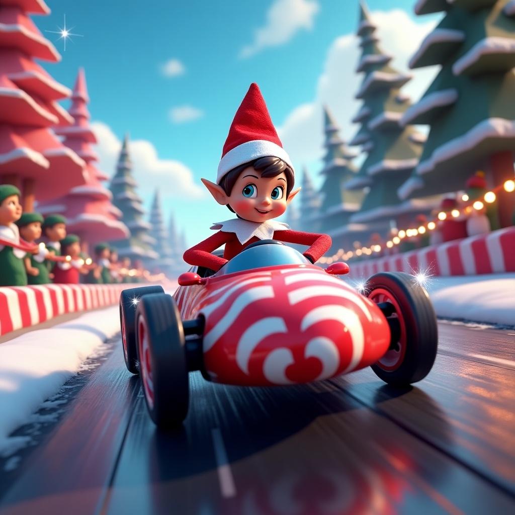 Elf character driving a race car. Colorful animated street with holiday decorations. Festive atmosphere during nighttime.