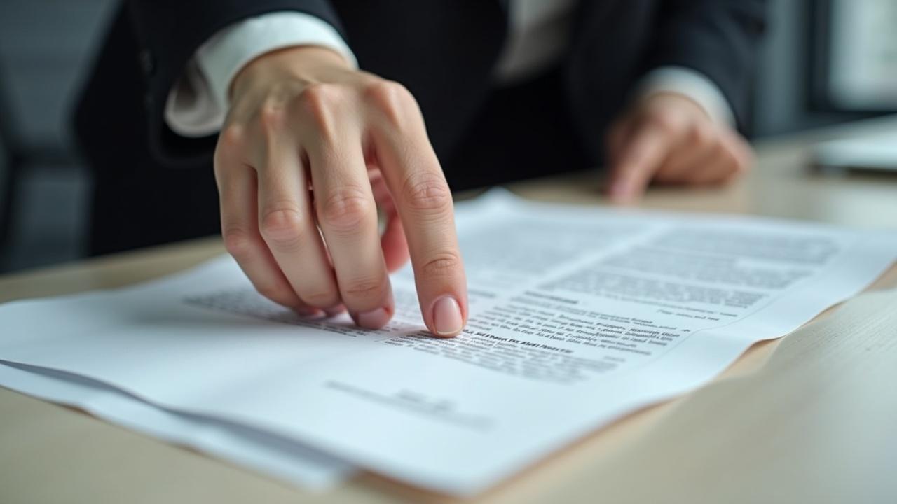 A legal document is spread out on a conference table, showcasing a female attorney's hand pointing at a specific section. The setting looks professional, with soft lighting highlighting the details of the document. Only the hand and jacket sleeve of the attorney are visible in the frame. This emphasizes the focus on the legal paperwork. The atmosphere conveys seriousness and professionalism associated with legal matters.