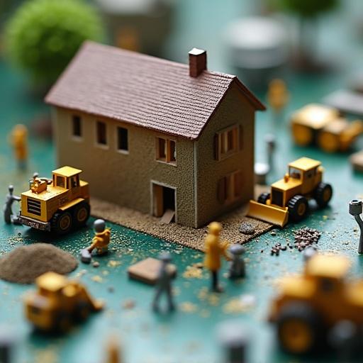 Microscopic city built on microchip surface. Micro-sized humans work with tools. Constructing a doll house. Various machines including bulldozers and hammers. Doll house is life-sized.
